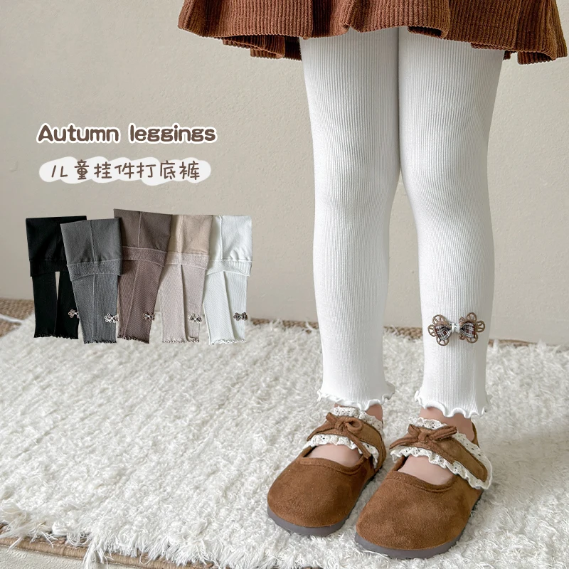 Children Nine‑Point Leggings Delicate Crochet Lace Trim Tartan Bow Embellishment Wood‑Ear Ruffled Hem Breathable Stretchy Tights