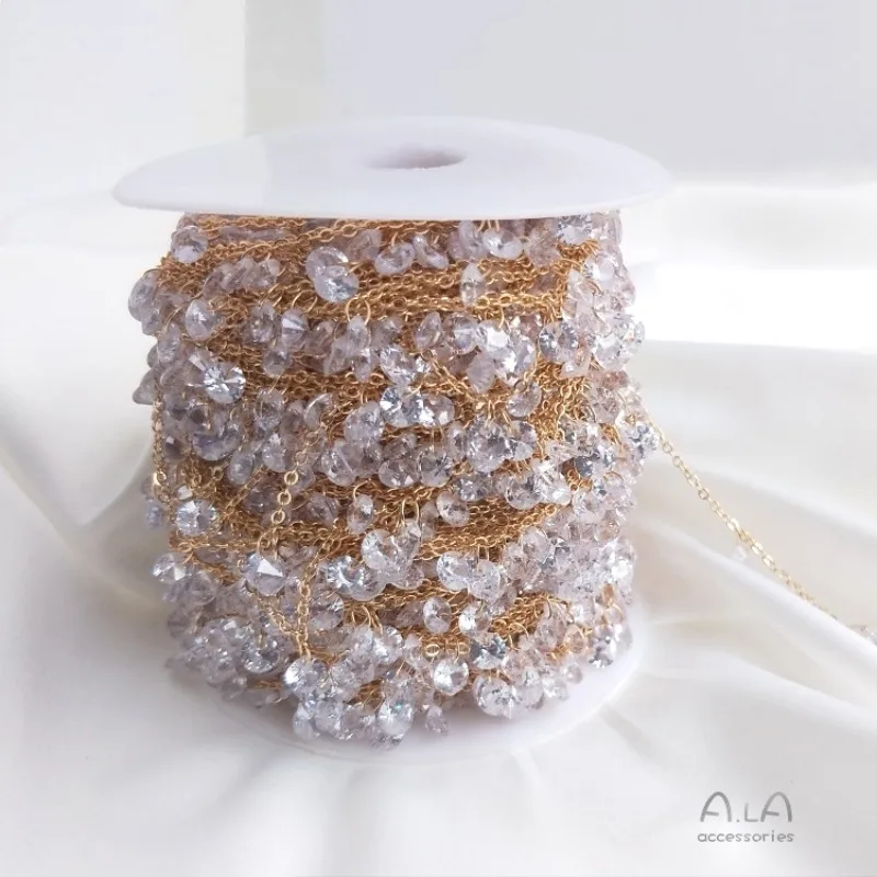 14K Gold Color Zircon Chain Hanging Flash Diamond Chain DIY Handmade Bracelet Necklace Jewelry O-shaped Loose Chain