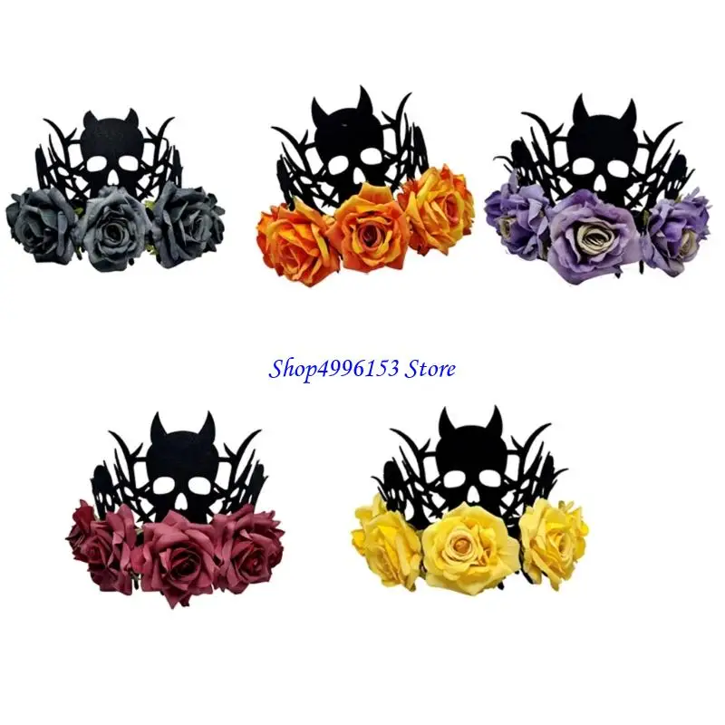 Q0ke Halloween -kopstuk Witch Devil Crowns met rozenbloemontwerp zachte stof kostuum accessoire voor volwassenen kinderen