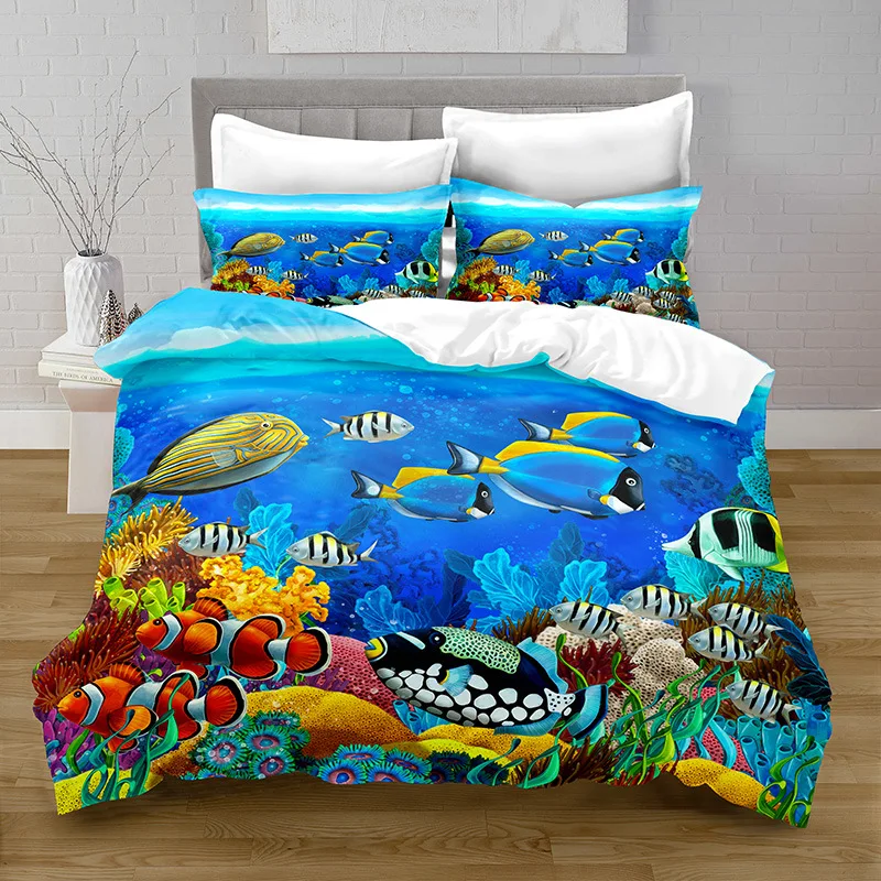

Underwater World Marine Theme Duvet Cover Set, Cartoon Ocean Fish Print for Twin Beds, Boys & Girls Décor