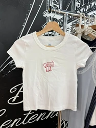 Angel Baby Embroidery Slim Crop Top Woman Summer Round Neck Short Sleeve Cotton Tees Casual Sweet Preppy Style Tshirts Y2k Tops