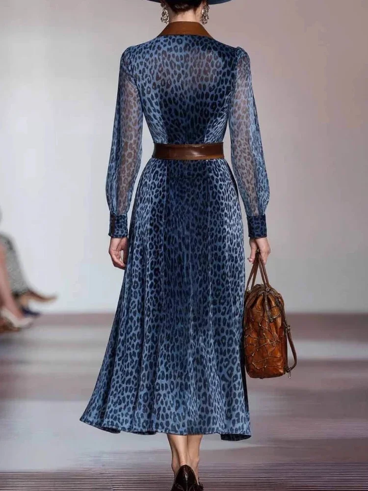 فستان نسائي شبكي مطبوع عليه الفهد، فستان كولوربلوك بياقة طية صدر السترة وصدر واحد شفاف من خلال فستان أنيق عتيق بأكمام طويلة