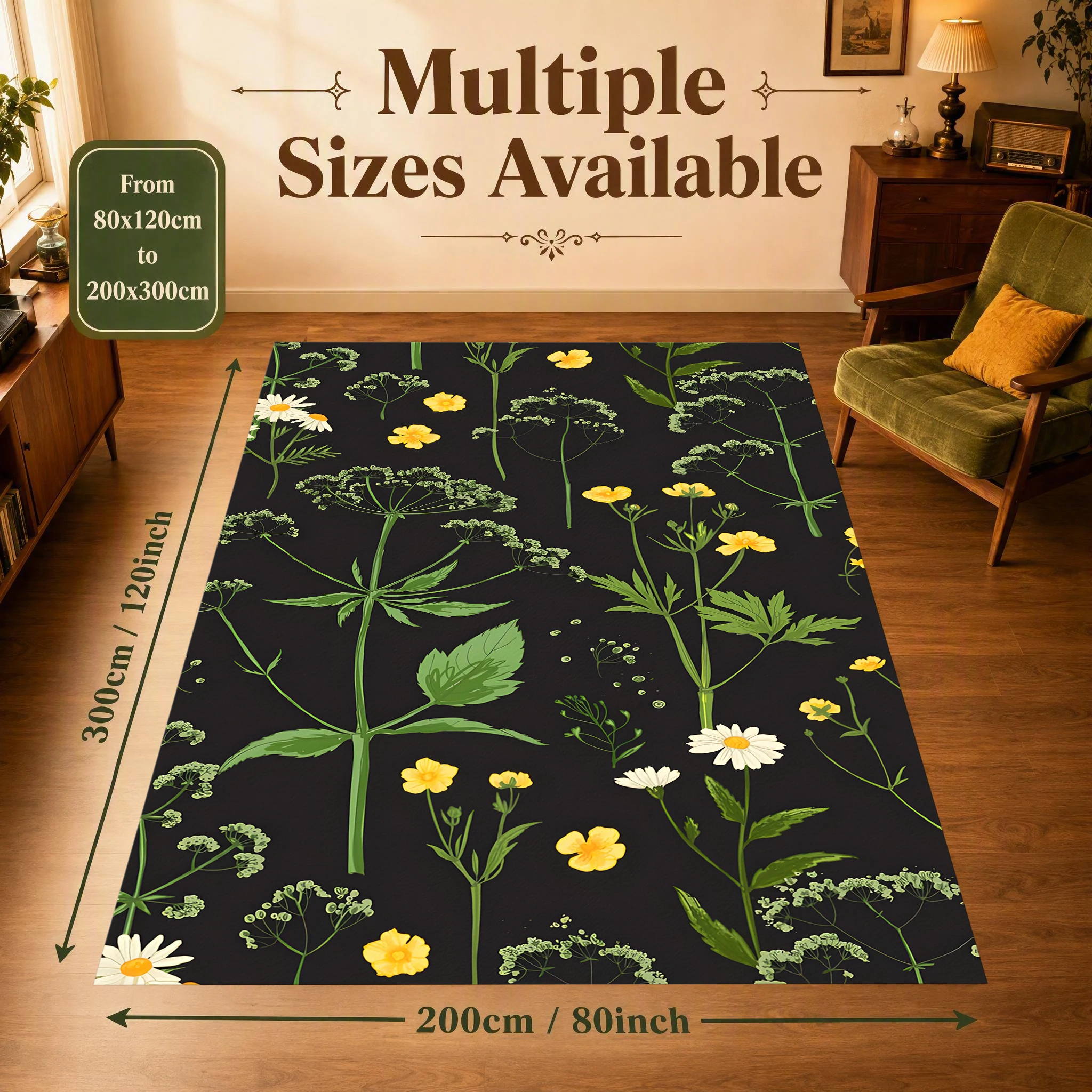 2D Large Carpet Black Background Rustic Floral Forest Retro Style for Living Room Bedroom