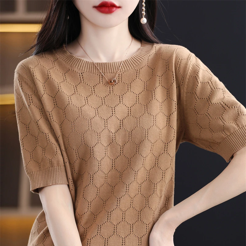 2023 new 100% cotton women\'s short-sleeved round neck knitted pullover women\'s short-sleeved loose fashion T-shirt top