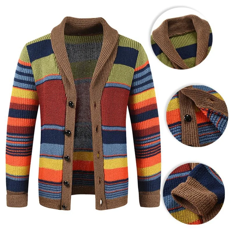 

New Mens Knitted Sweater Patchwork Color Lapel Striped Cardigan V-Neck Warm Thicken Casual Coats