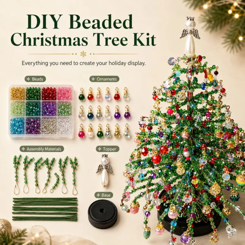 DIY Beaded Mini Christmas Tree Kit Handcrafted Tabletop Xmas Decor Set for Home Holiday Gift, Beginner Friendly Craft Kit