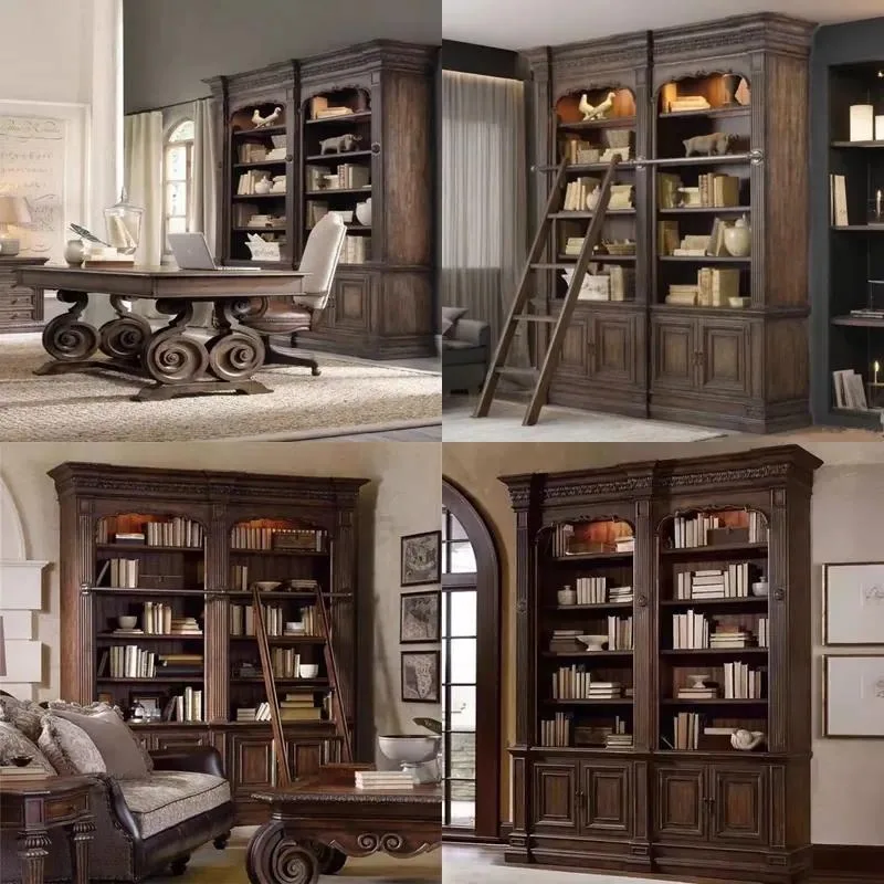 American Country Solid Wood Carved Flower Bookcase French Retro Study Home Office Living Room Dining Room Eco Friendly
