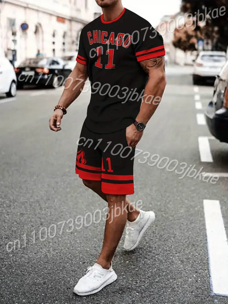 

Men's Chicago Print Short Sleeve T-Shirt & Shorts Set Round Neck Gradient Short Sleeved Women's T-shirt Shorts Set