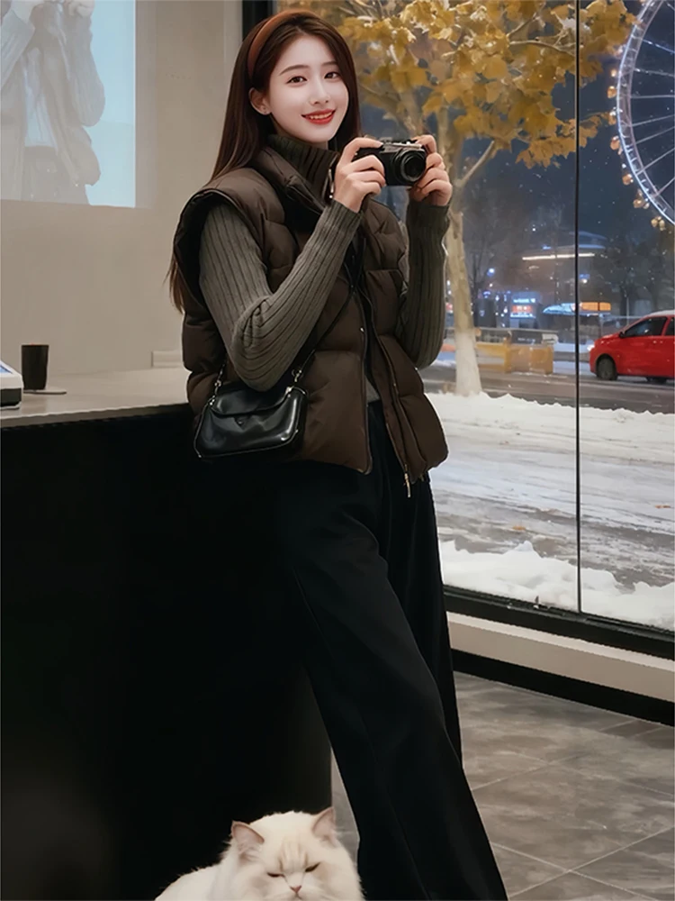 

Зимний комплект из вязаного жилета с высоким воротником и широких брюк: повседневный, универсальный, теплый, модный женский костюм