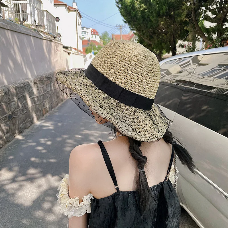 Women Summer Natural Raffia Hat Girl Fashion Ribbon Floppy Shading Panama Wide Brim lace Sun Hat Vacation Travel Beach Straw Hat