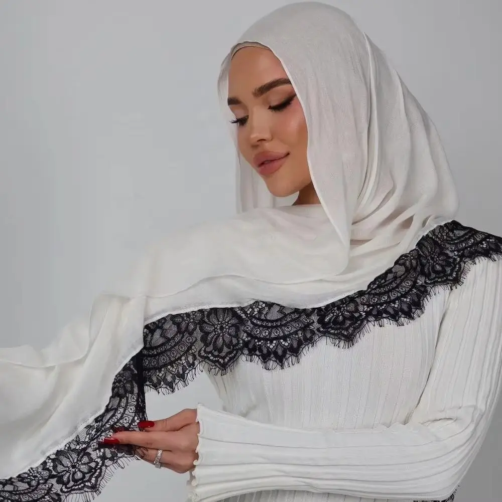 New with Lace Trim Muslim Instant Turban Cotton Solid Color Islamic Crinkle Shawl Full Cover Breathable Head Wraps