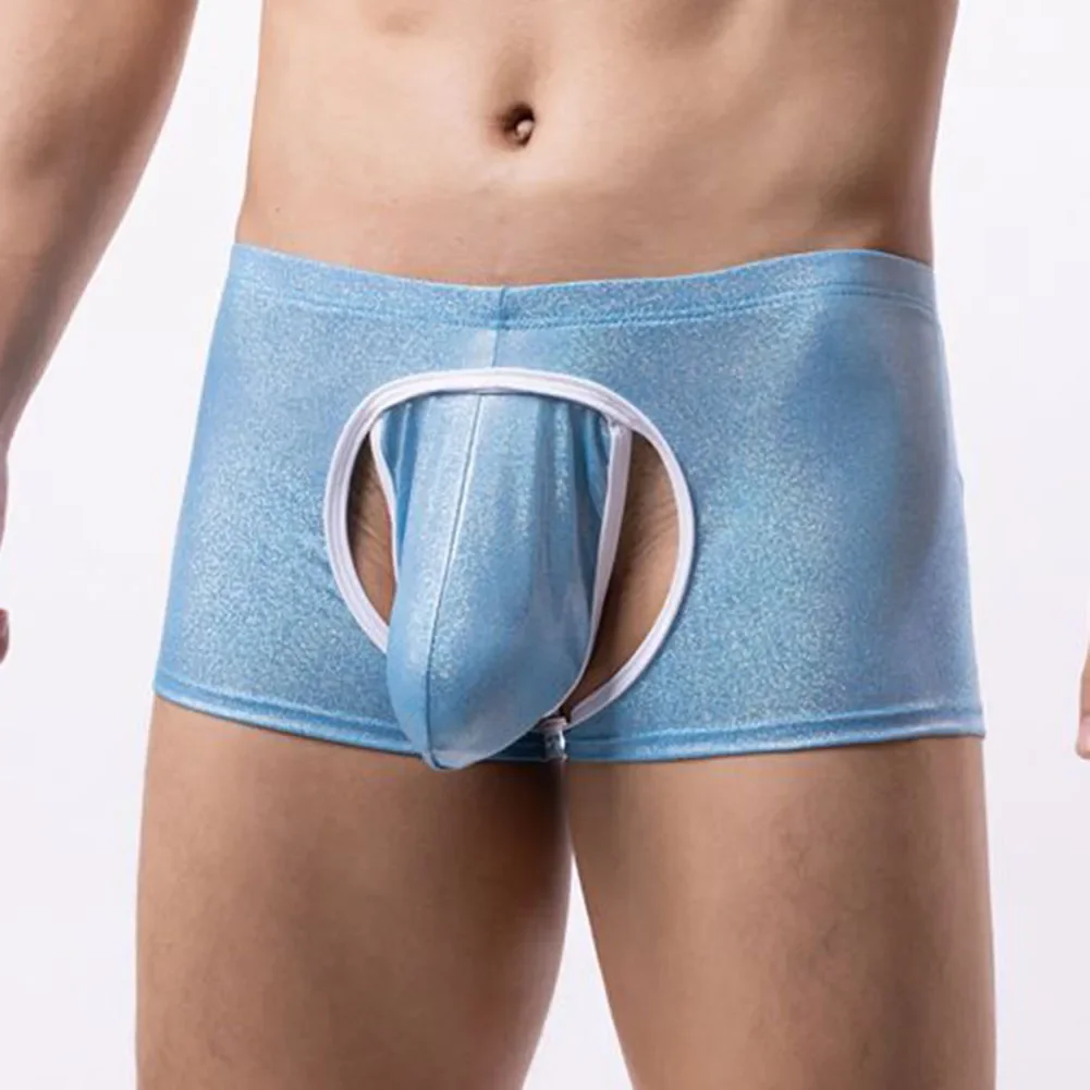 Sexy Men Boxer Stretch Soft Briefs Shiny Panties Low Rise Hollow Out Gay Sissy Bulge Pouch Underwear Open Exposed Butt Lingerie