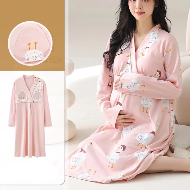 فستان نوم للرضاعة من القطن للربيع والخريف للأمهات مطبوع عليه زهور ملابس نوم للحمل والمنزل والمستشفى