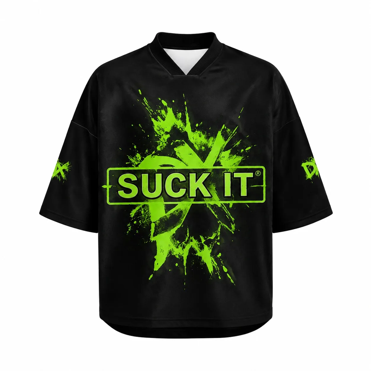 Unisex Schwarzes DX Wrestling Trikot mit Neon-Grünem Splash-Graffiti, D-Generation, V-Ausschnitt, Oversized Kurzarm-Streetwear-T-Shirt – Detail 6