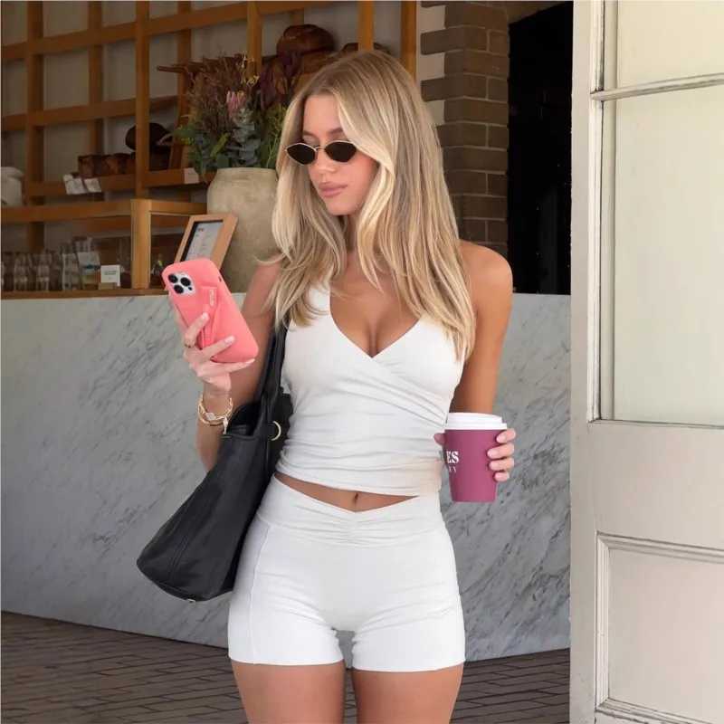 Women's Two-piece Set Deep V-neck Sexy Crop Top Cycling Shorts Summer Tight Yoga Exercise Fitness Two-piece Set