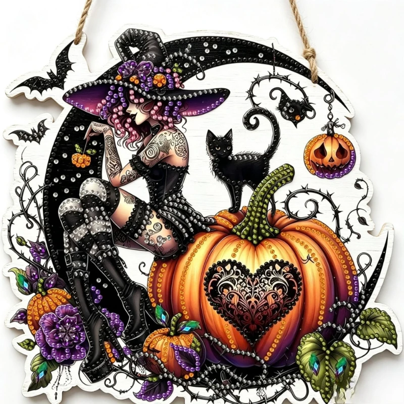 Halloween Wooden Hanging Sign – Magic Witch Riding Broom Design, Printed Decor for Door Window Garden Home Ornament