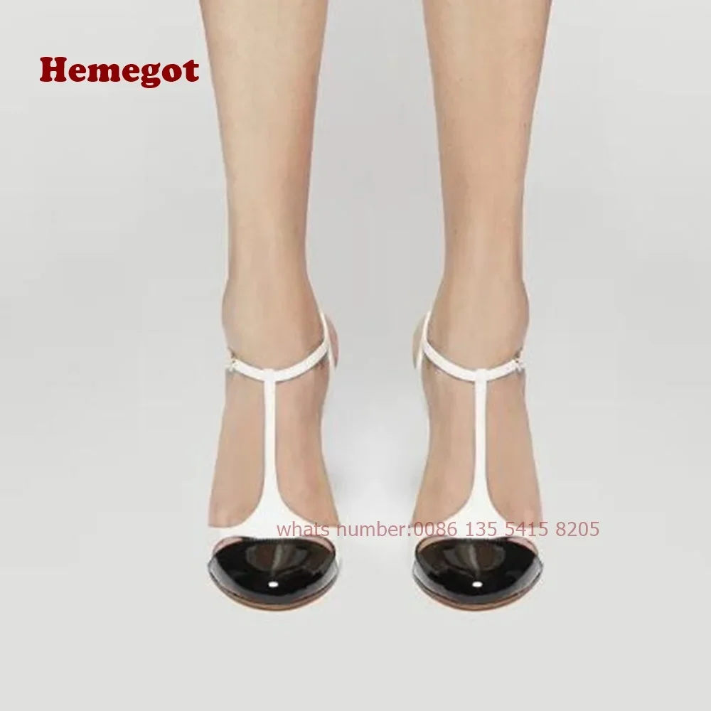 Two Tone T-Straps Women\'s Sandals Round Toe Cut Out Buckle Slingback High Heels Stiletto Summer Sandals Splicing Elegant Shoes