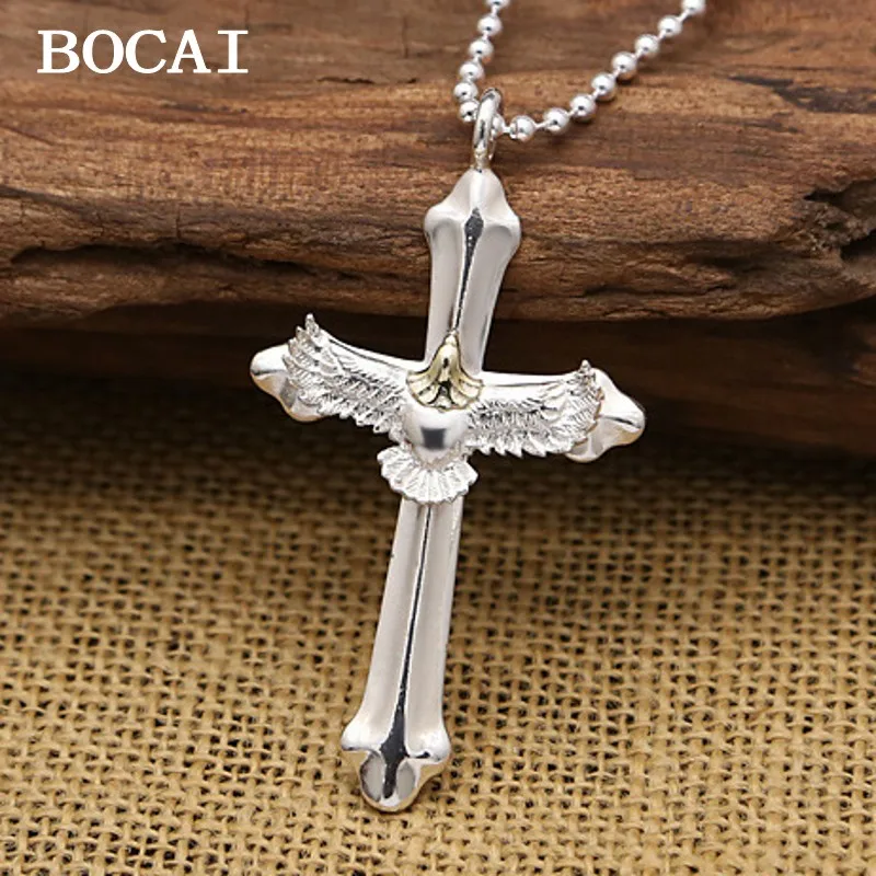 

Новый простой Гладкий кулон BOCAI из стерлингового серебра S925 пробы с перьями и крестом с орлом для мужчин и женщин