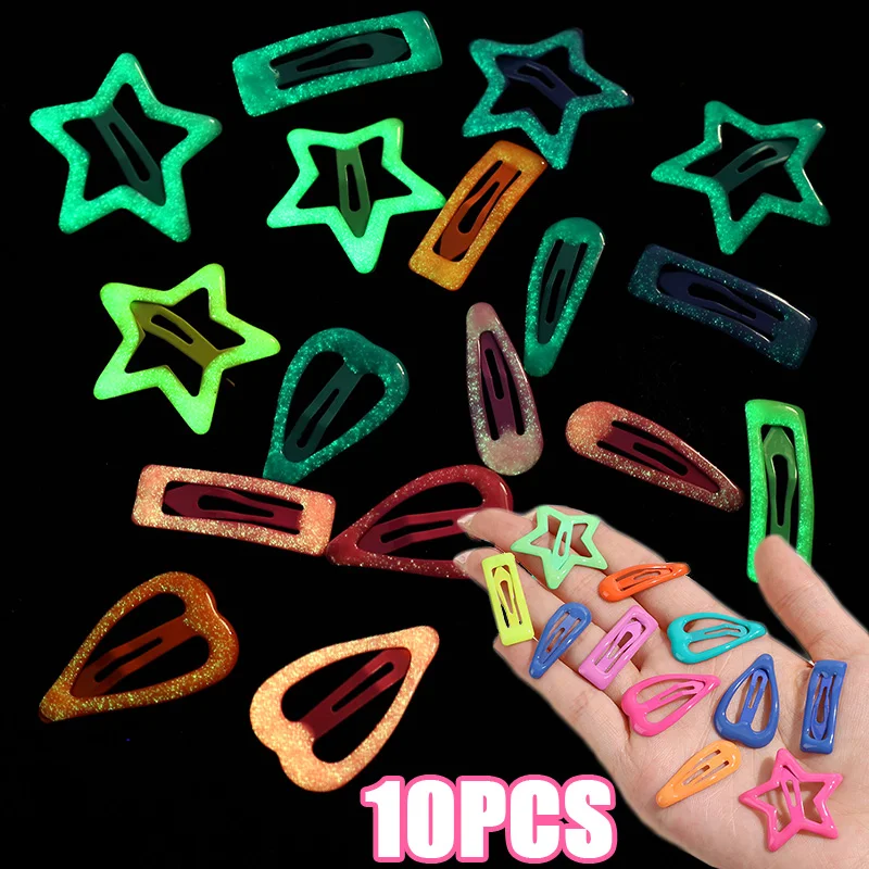 10pcs Cute Colorful Glow In Dark Hair Clips Y2K Luminous Girls Star Heart Hairpin BB Snap Hairclip Barrette Headwear Accessories