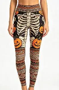 Women Mid‑Rise Fleece Lined Leggings, Halloween Mummy Skeleton Pumpkin Bat Print Slim Stretch Party Pants