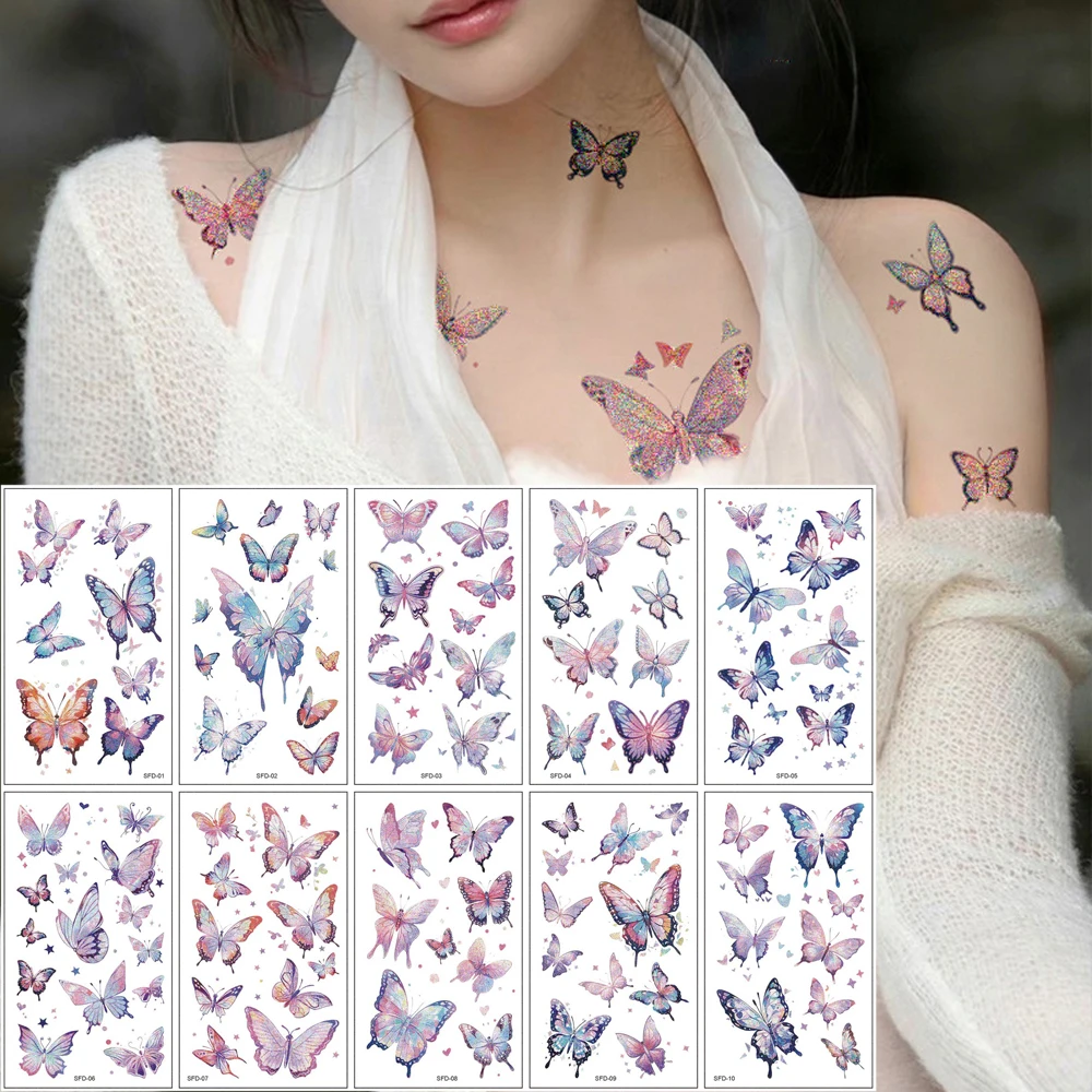 

10 шт., водостойкие временные татуировки с блестящей бабочкой, долговечные реалистичные поддельные татуировки для женщин, боди-арт, поддельные татуировки для девочек