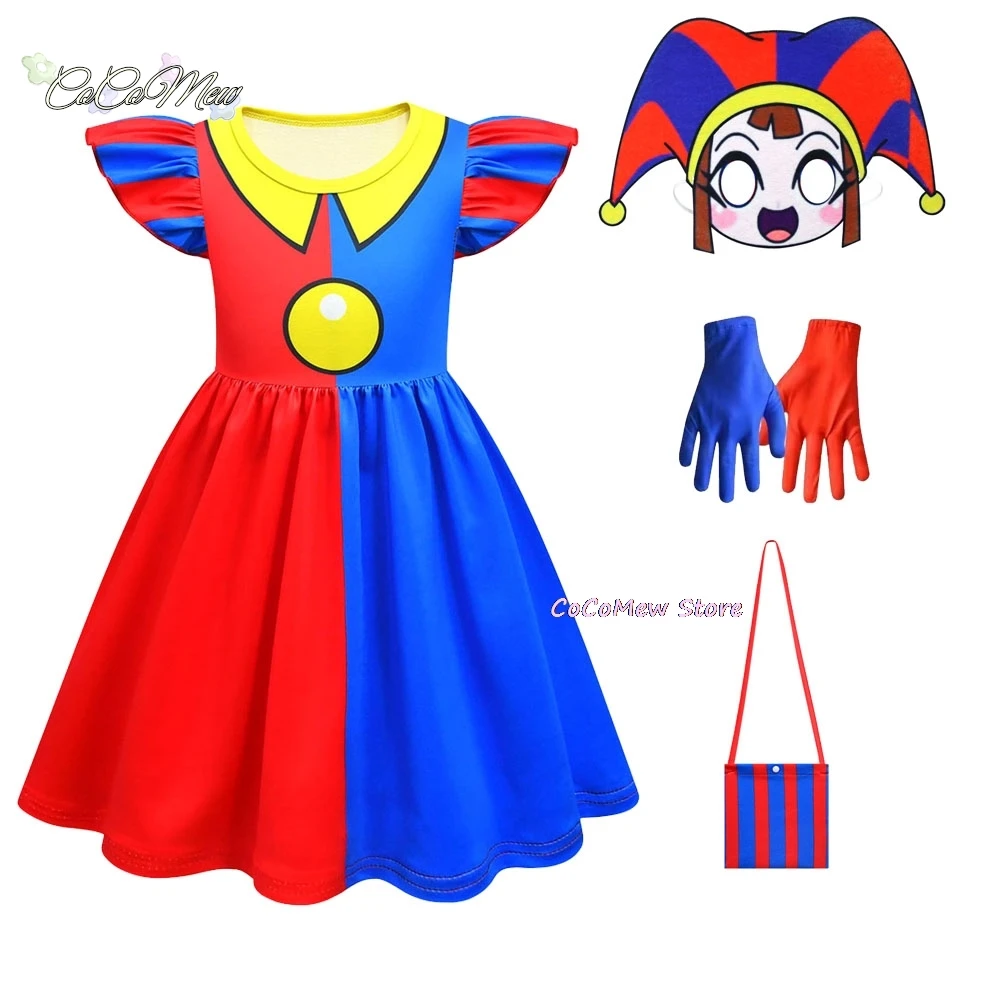 The Amazing Digital Circus Pomni Kids Cosplay Costume Girls Princess Dress + Mask+gloves Children Halloween Cartoon Summer Dress