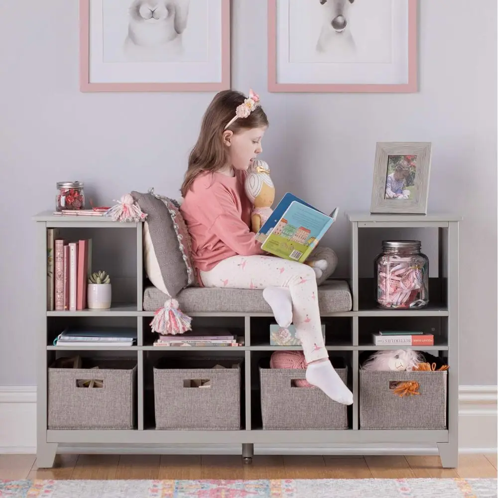 

Kids' Reading Nook - Gray: Wooden Storage Bench Bookcase Organizer with Seat Cushion, Book Shelves, and abric Bins or Bedroom or