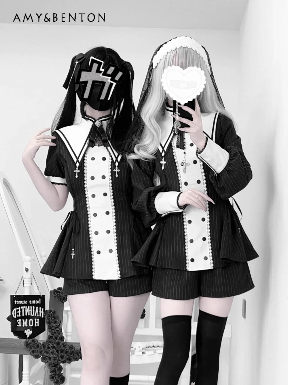 

Subculture Punk Style Mine Series Suit Japanese Lace Girl Lantern Sleeve Double-breasted Dress Shorts Goth Two Piece Sets Women