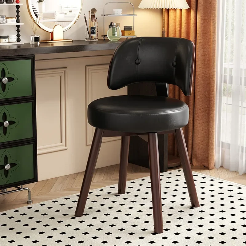 Tufted Leather Vanity Stool Curved Backrest Solid Wood Legs Round Padded Makeup Accent Chair For Dressing Room