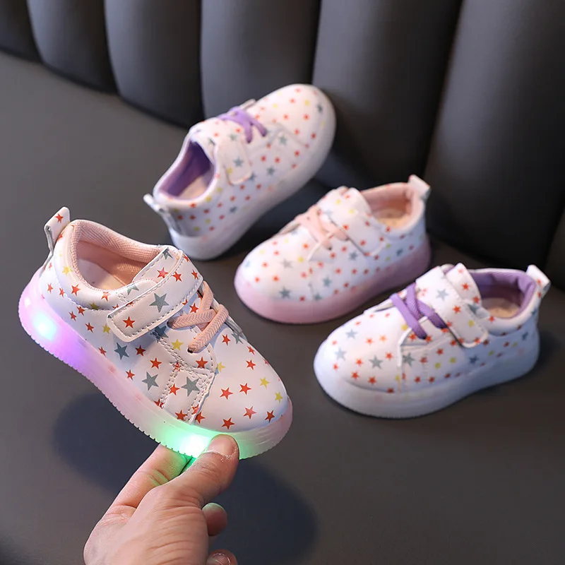 Children LED Shoes Glowing Kids Casual Shoes Fashion Print PU Leather Girls Shoes Soft Sole Non-slip Sneakers Cute Board Shoes