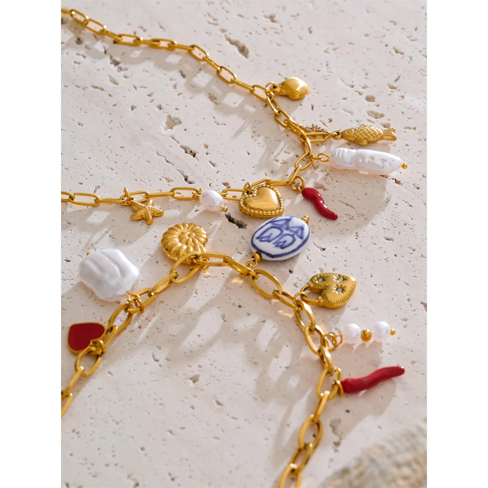 Gold-Plated Ocean Charm Necklace with Pearl Shell and Starfish