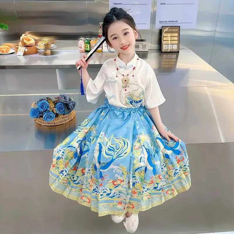 

2024 New Children Summer Traditional Chinese Mamian Qun Skirt Clothes Ancient Hanfu Modified Kids Tang Dance Costume