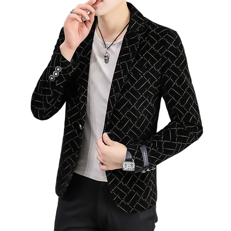 2024 New Spring Autumn Printed Core Velvet Suit Men\'s Fashion Korean Version Slim Top Trend Handsome Suit Jacket  POLYESTER