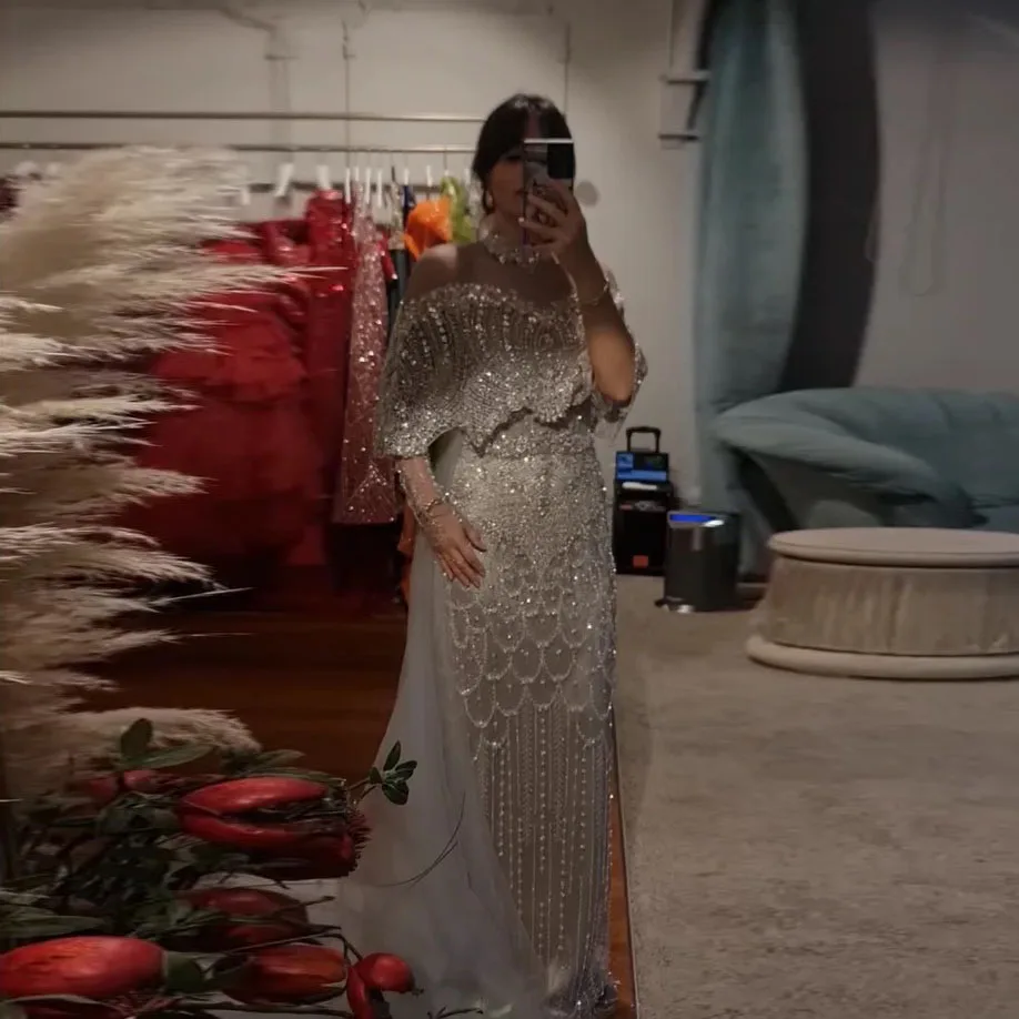 فستان سهرة حورية البحر مطرز بالخرز من دبي للنساء 2025 أنيق برقبة عالية وأكمام طويلة للنساء فستان حفلات الزفاف حسب الطلب #2