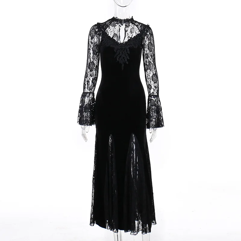 Gothic Midi Dress Women Dark Vintage Elagnt Lace Patchwork See Through Flare Sleeve High Waist Slim Clubwear Party Dress Femme