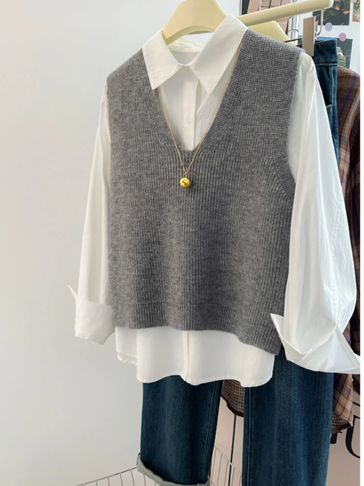 Outono Inverno ey V-Ne Colete de malha feminino suéter Svel de alta qualidade solto em camadas oulher Top Commute Sle Polyeste...