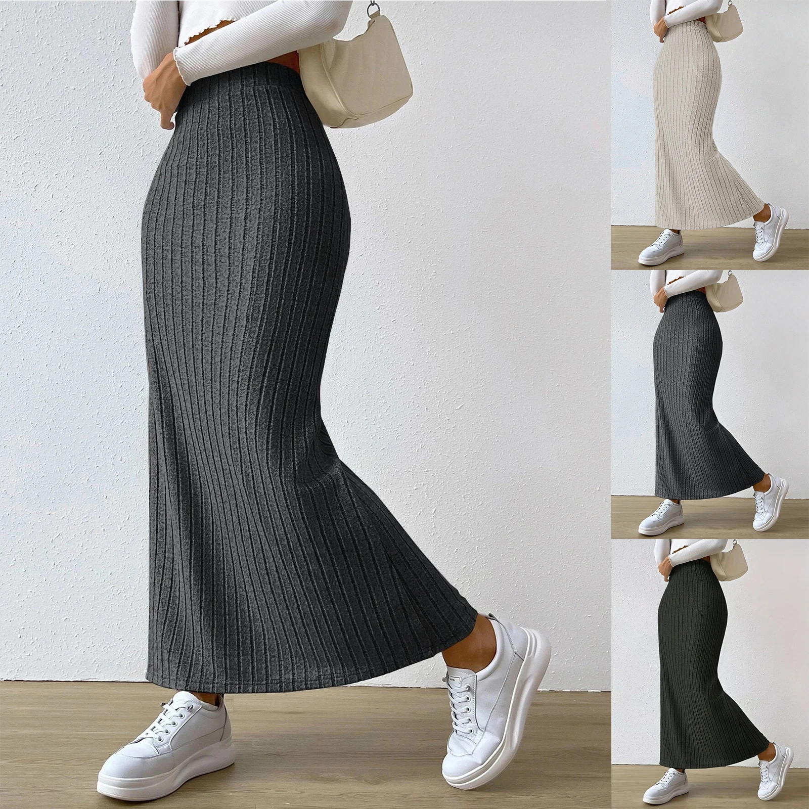 Women'S Fall Winter Skirt Casual Solid Color Knitted Thick High Waist Slit Skirt Slim Split Hem Maxi Skirt Skirts For Women