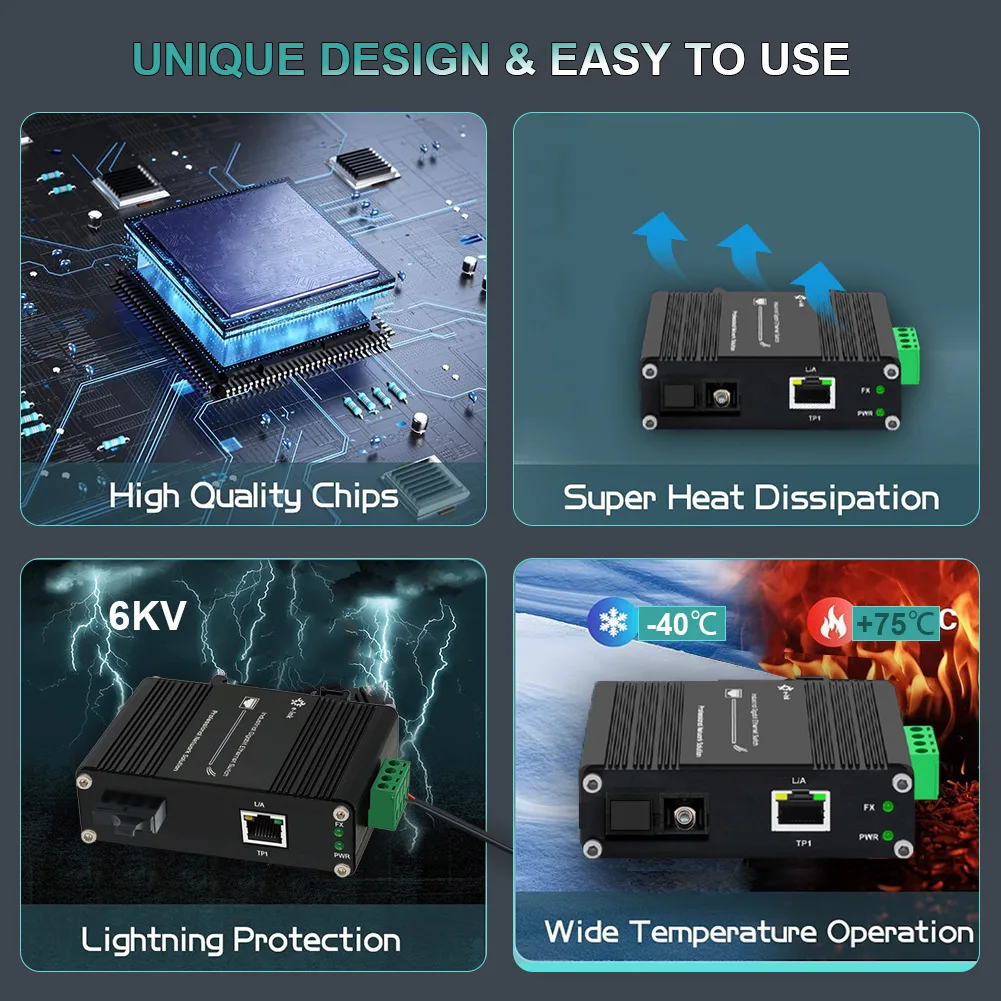 Conversor de mídia de fibra industrial, Gigabit Ethernet Switch, PoE, 1RJ45, 1SC, trilho Din, 10 Mbps, 100 Mbps, 1000Mbps