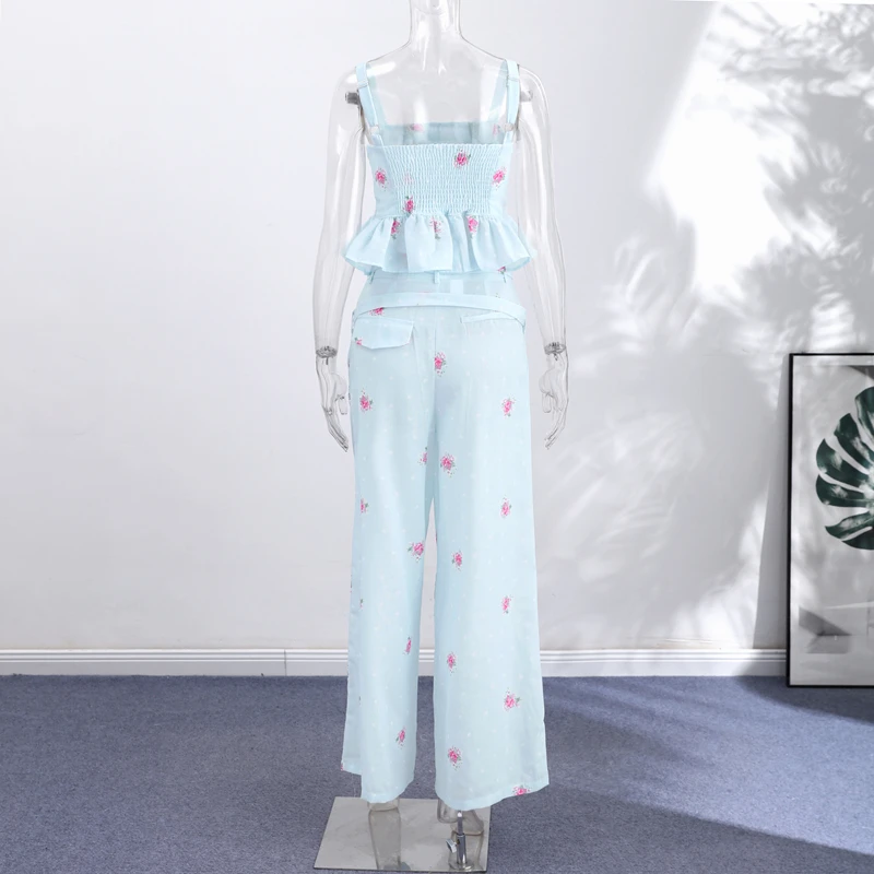 Eleganter bedruckter Damen-Westen-Hosenanzug, ärmelloses Oberteil mit Blumenmuster, plissiert, weit geschnittene Hose, Damen-Set, Sommer-Herbst 2026, Damen-Sets – Detail 13