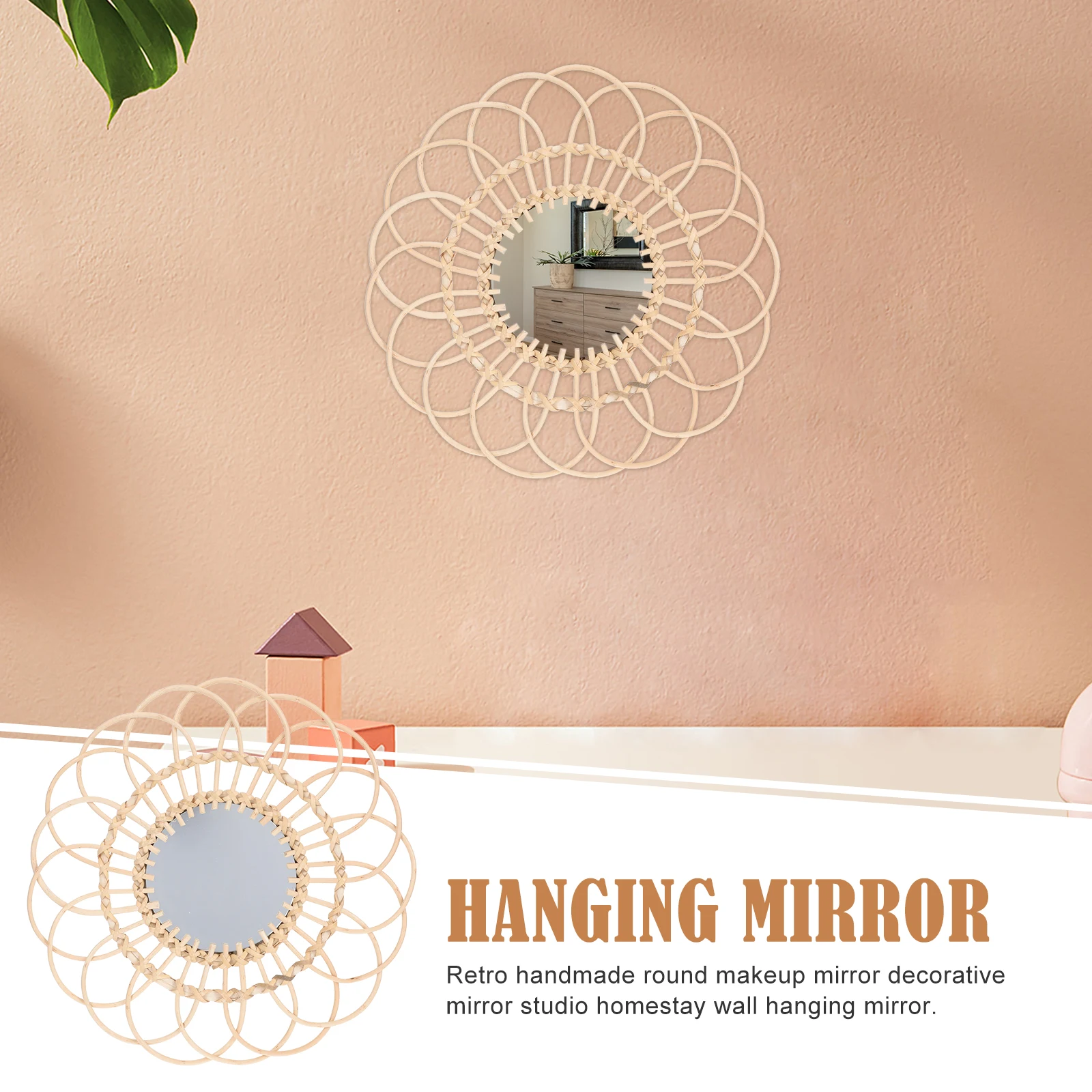 

Rattan Round Hanging Wall Mirror Woven Natural Decor Bohemian Home Modern Feeling Vertical Space Housewarming Gift
