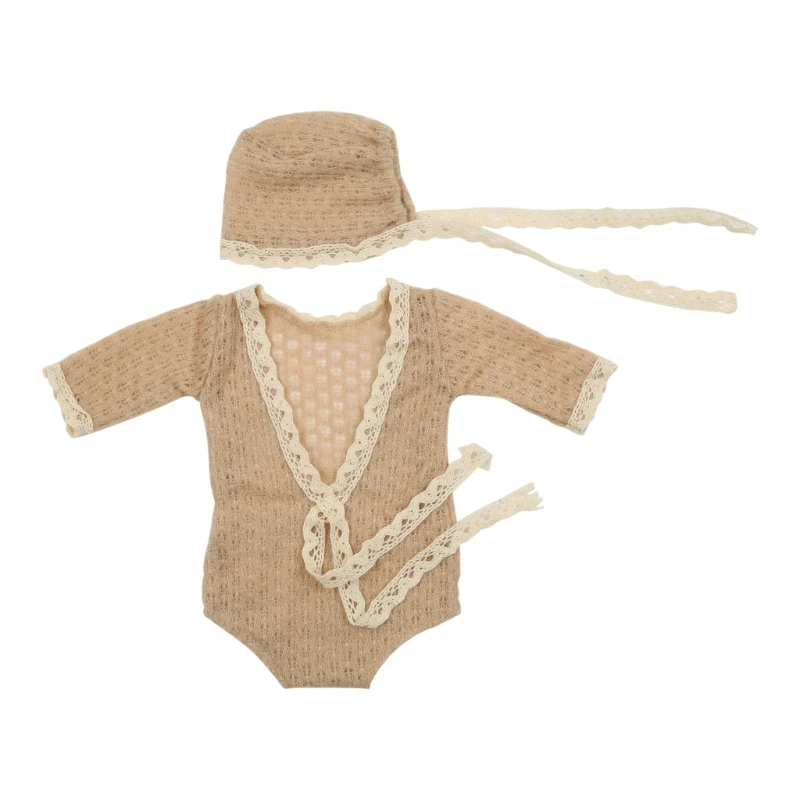 Q0KB Neutral Photography Props for Baby Newborn Infant 2-in-1 Knitted Hat Romper Soft Cozy Photo Shooting Costume Party Props