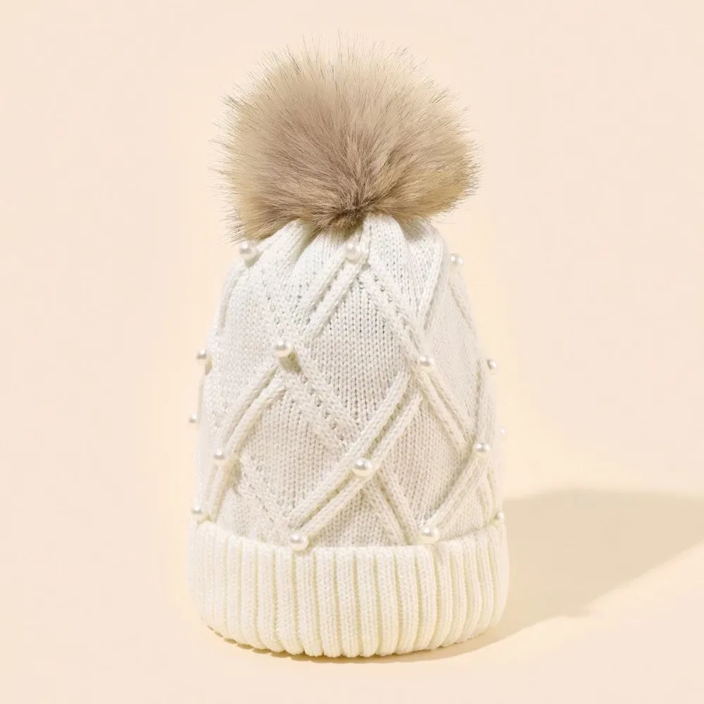 Cute with Diamond Knitted Hat Thick Flannel Warm Large Woolen Ball Cold Hat Solid Color Folded Edge Women Cap Outdoor