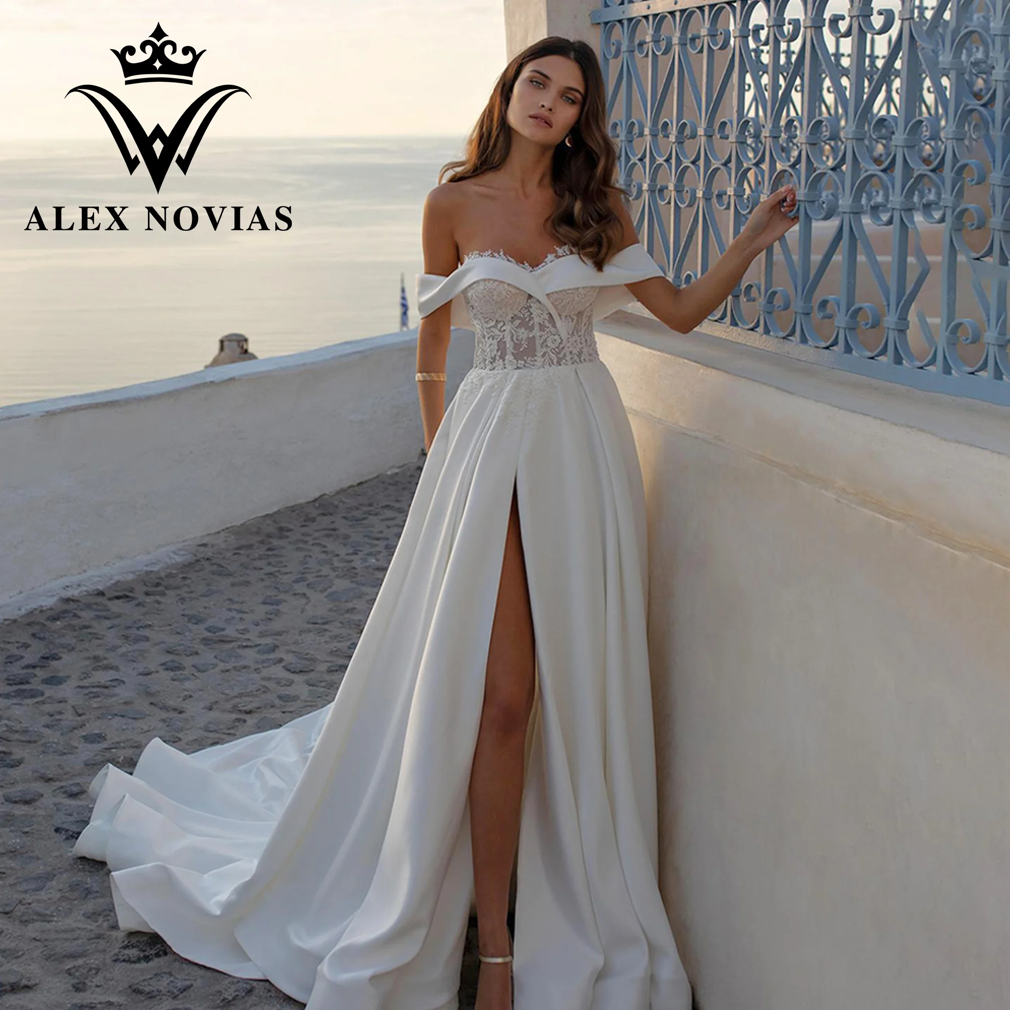 

ALEX NOVIAS A-Line Wedding Dress 2023 Sweetheart Appliques Cap Sleeve Thigh Split Satin Wedding Gown Vestidos Novias De Saten