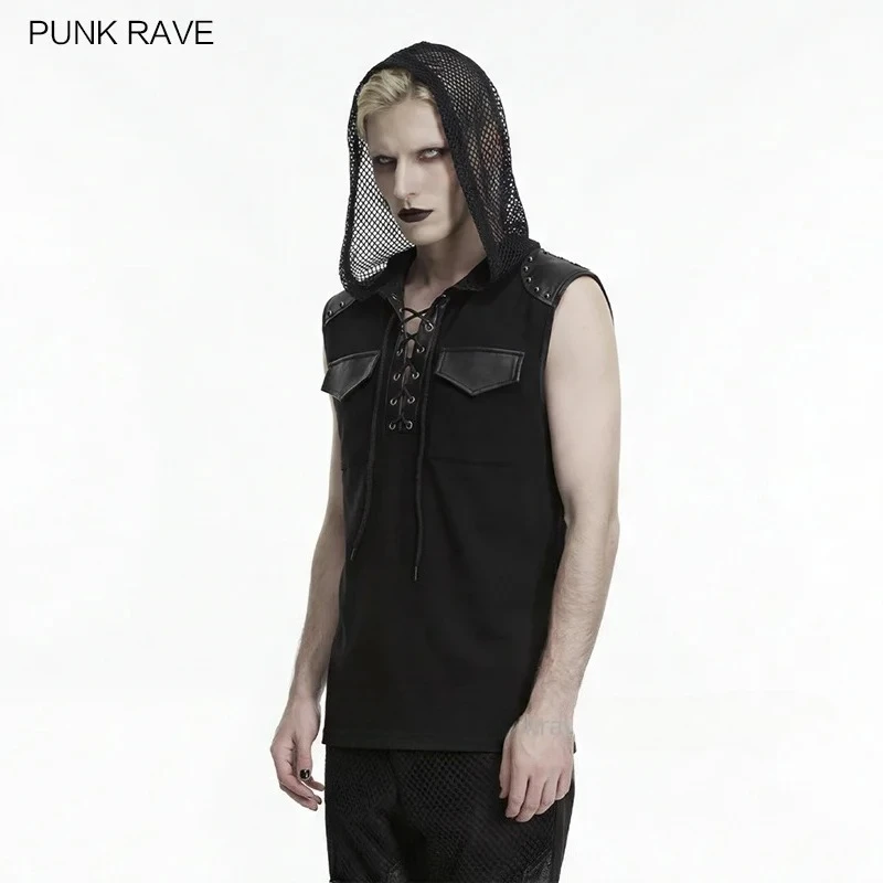 PUNK RAVE Men's Punk Elastic Knitted & Glossy Rubberized T-shirt Personalized Shoulder Studs Cool Handsome Drawstring Dark Tops