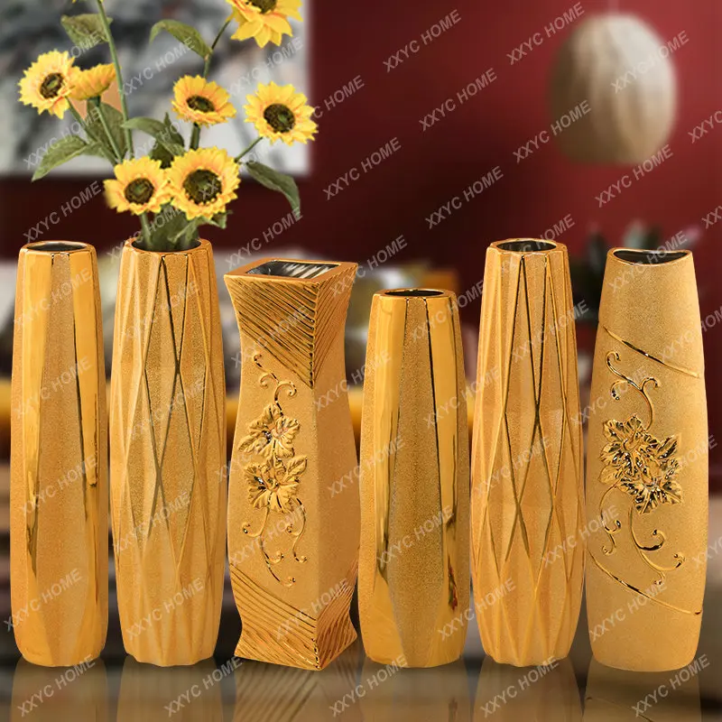 

Ceramic Vase Floor Large Gold Decoration Flower Arrangement Living Room Hallway Decoration Dried Flower White Willow Hydroponic