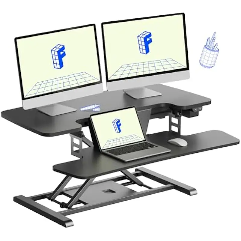 35 inch Motorized Height Adjustable Desk Riser with Wide U Shaped Work Surface and Integrated Keyboard Tray for Dual Monitors La