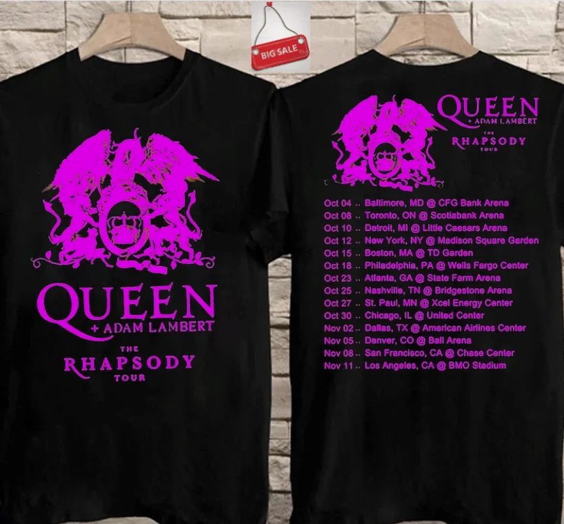 Queen Tour 2023 Lambert Adam Rhapsody T-Shirt Band Rock Black Cotton Gift Fans