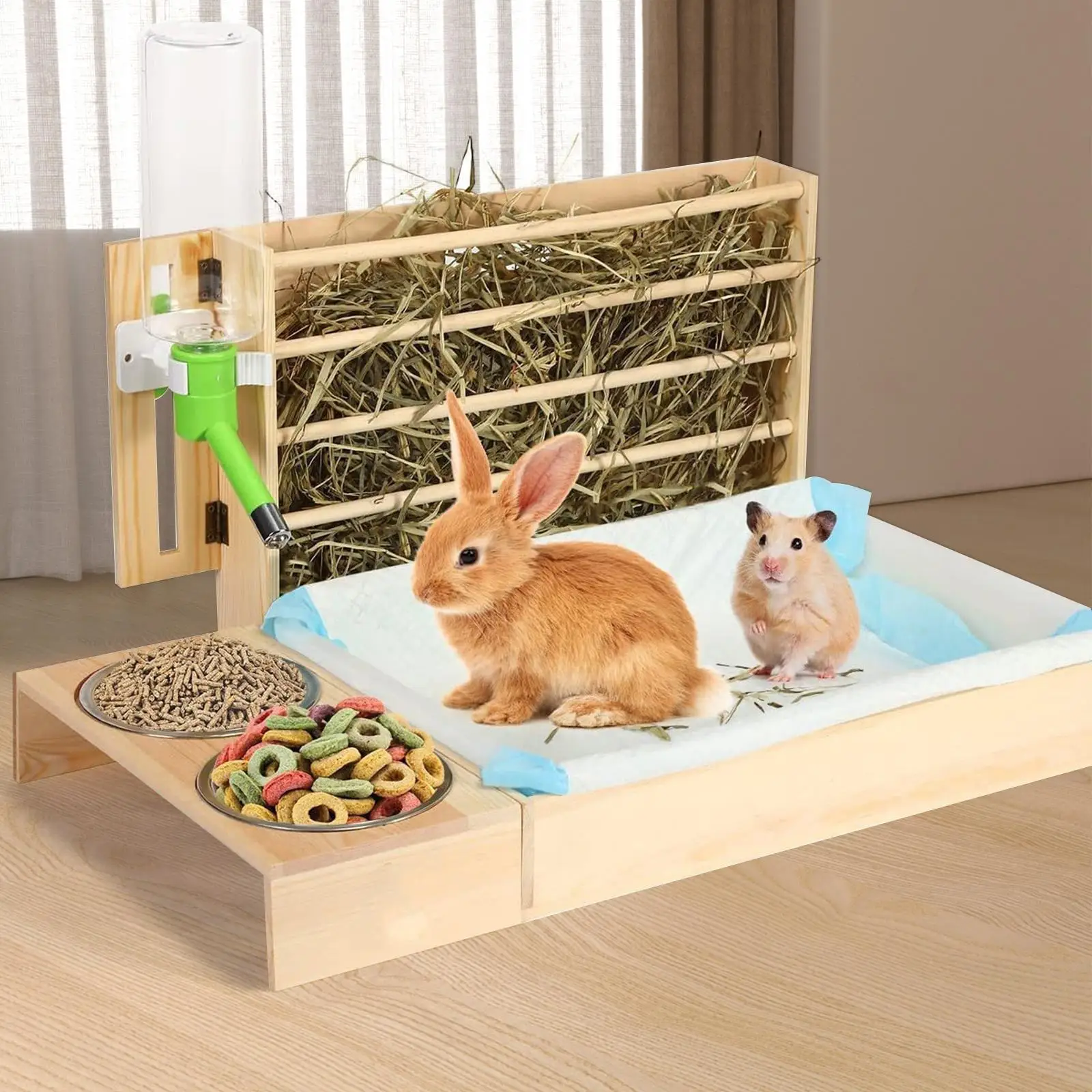 Rabbit Hay Feeder with Litter Box Easy to Clean Litter Pan Guinea Pig Hay Holder for Small Pet Hamster Chinchillas Dwarf Rabbit