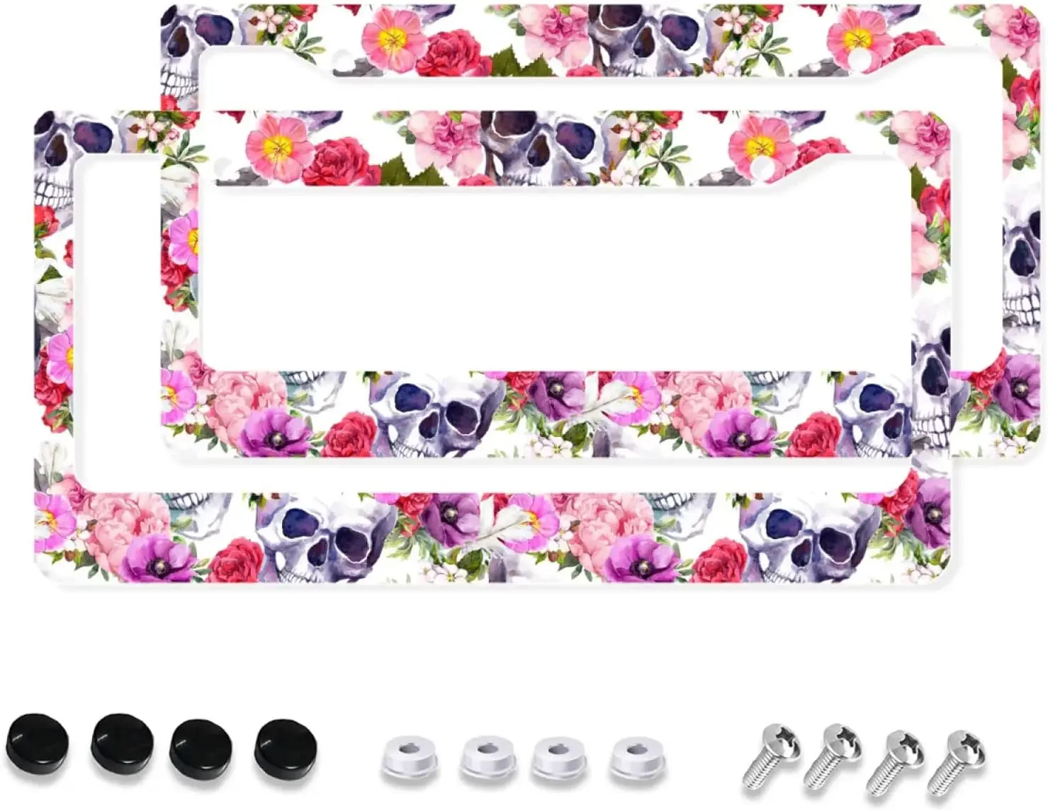 Skull Flower Pattern Car License Plate Frame 2 Pack License Plate Holder with 2 Holes Car Tag Frame for Women Men US Vehicles