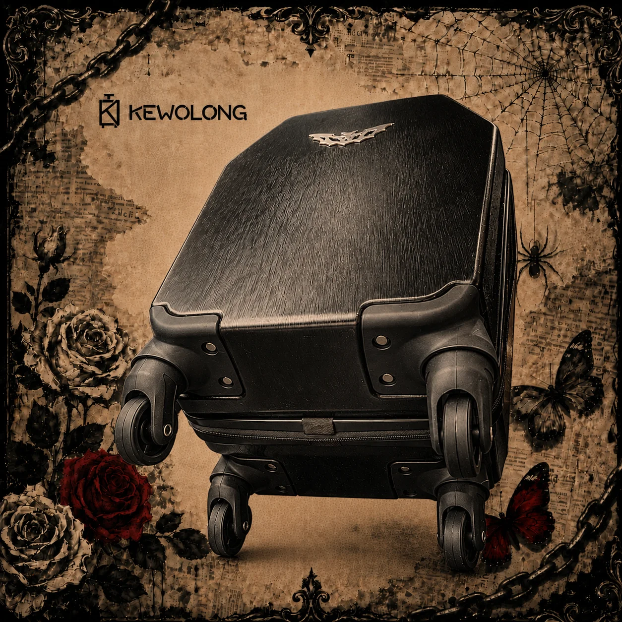 Vintage Gothic Coffin Designed Trolley Case Bat Emblem 20in Hard Shell Carry On Rolling Luggage Punk Subculture Travel Suitcase